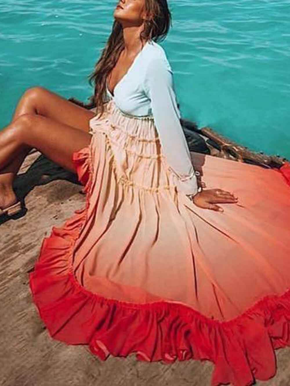 Unieke Gradient Print Bohemian Regenboog Tiered Maxi Jurk