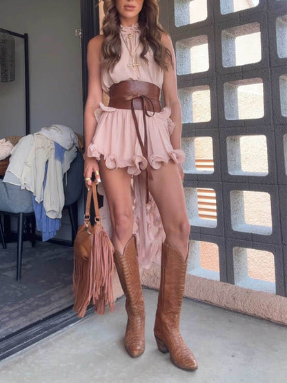 Delicate Romantische Drama Chiffon Golvende Ruffles Elastische Taille Losse Shorts
