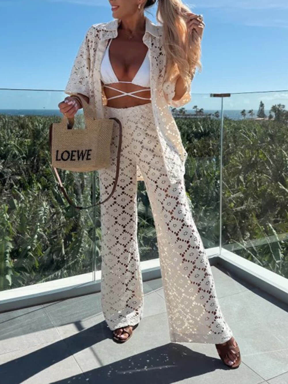 Klassieke Vakantie Haakbloemen Kant Korte Mouw Shirt en Elastische Taille Wijde Pantalon Set