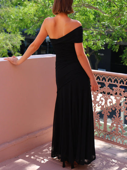 Elegante Moeiteloze Mesh Off-Shoulder Gerimpelde Stretch Maxi Jurk