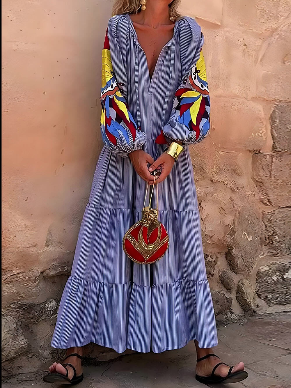 Uniek Pauwenpatroon Gestreepte Print Diepe V Losse Maxi Jurk