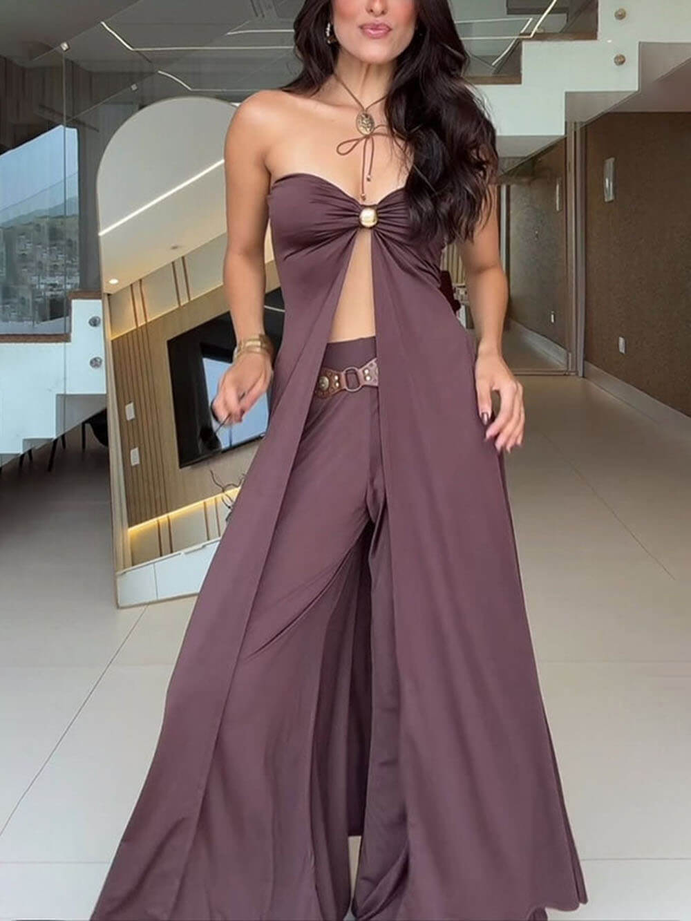 Fashion Stellah Gouden Details Voor Split Midi Tube Top en Elastische Taille Brede Pantalon Set