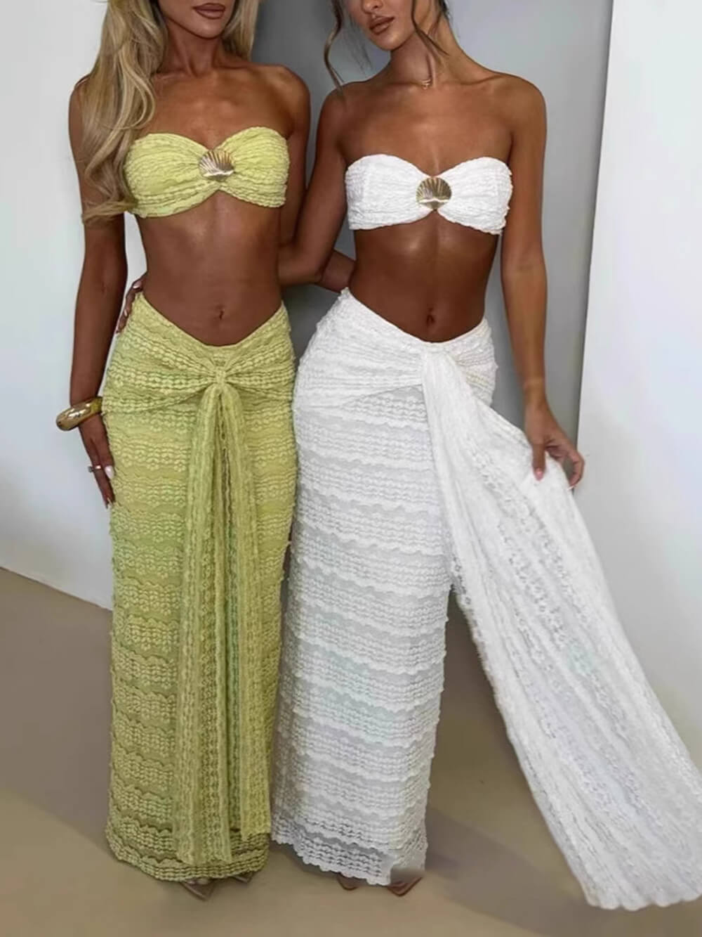 Elegante Strapless Top met Schelpversieringen & Rimpelrok Set