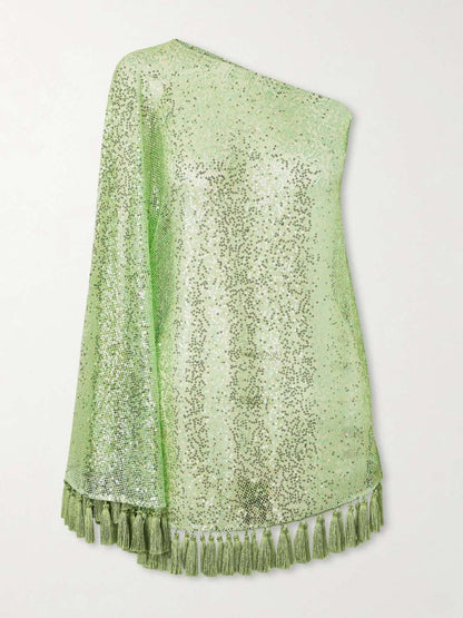 Elegante Eén-Schouder Pailletten Franje Top & Flared Broek Twee-Delige Set