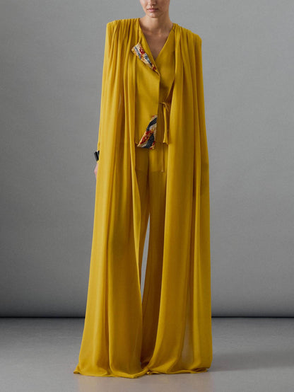 Elegante Gelaagde Chiffon Shirt & Wijde Pantalon Twee-Piece Set