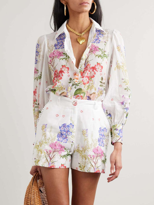 Bloemenprint Lange Mouwen Shirt Twee-delige Set