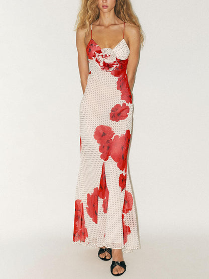 Elegante Bloemenprint Met Poka Dot Slip Maxi Jurk