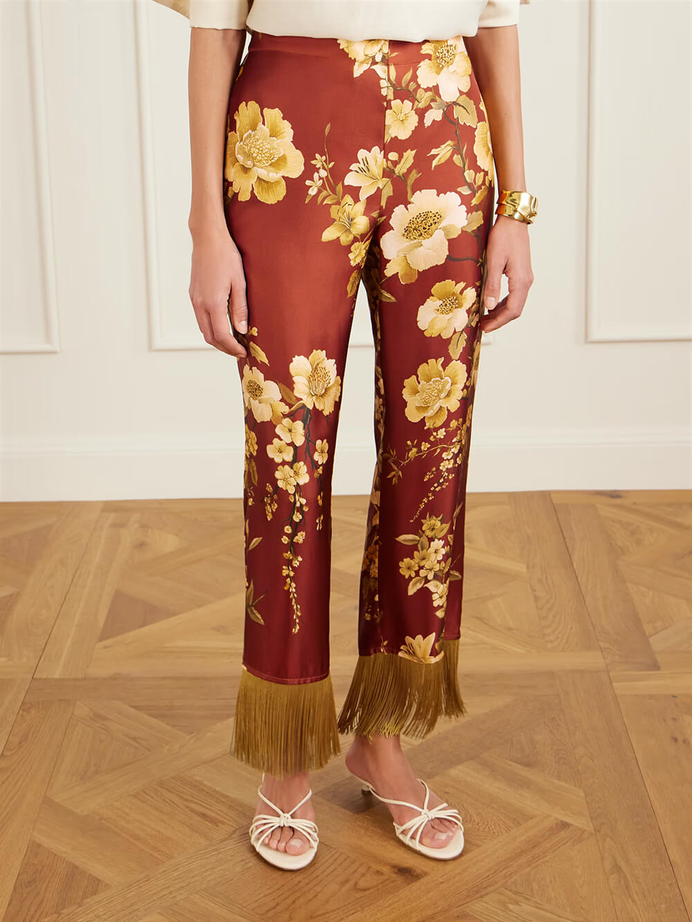 Exquise Franje Bloemenprint Satijnen Shirt en Elastische Taille Wijde Pantalon Set