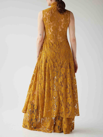 Elegante Hoge Hals Kanten Split Lange Top Twee-delige Set