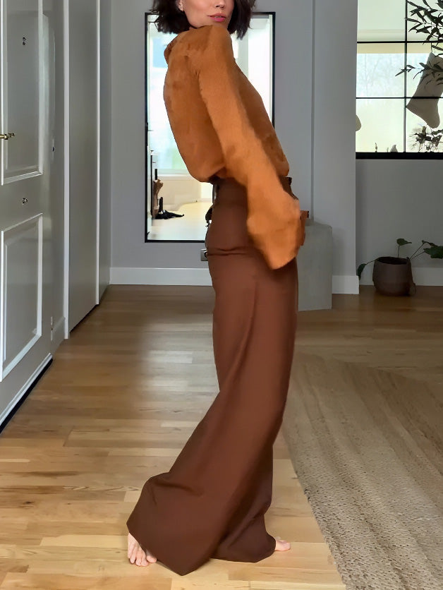 Elegante Satijnen Blouse met Hoge Hals & Broek Tweedelige Set