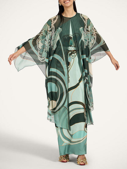 Unieke Art Nouveau Geprinte Tulle Sjaal Jurk Set