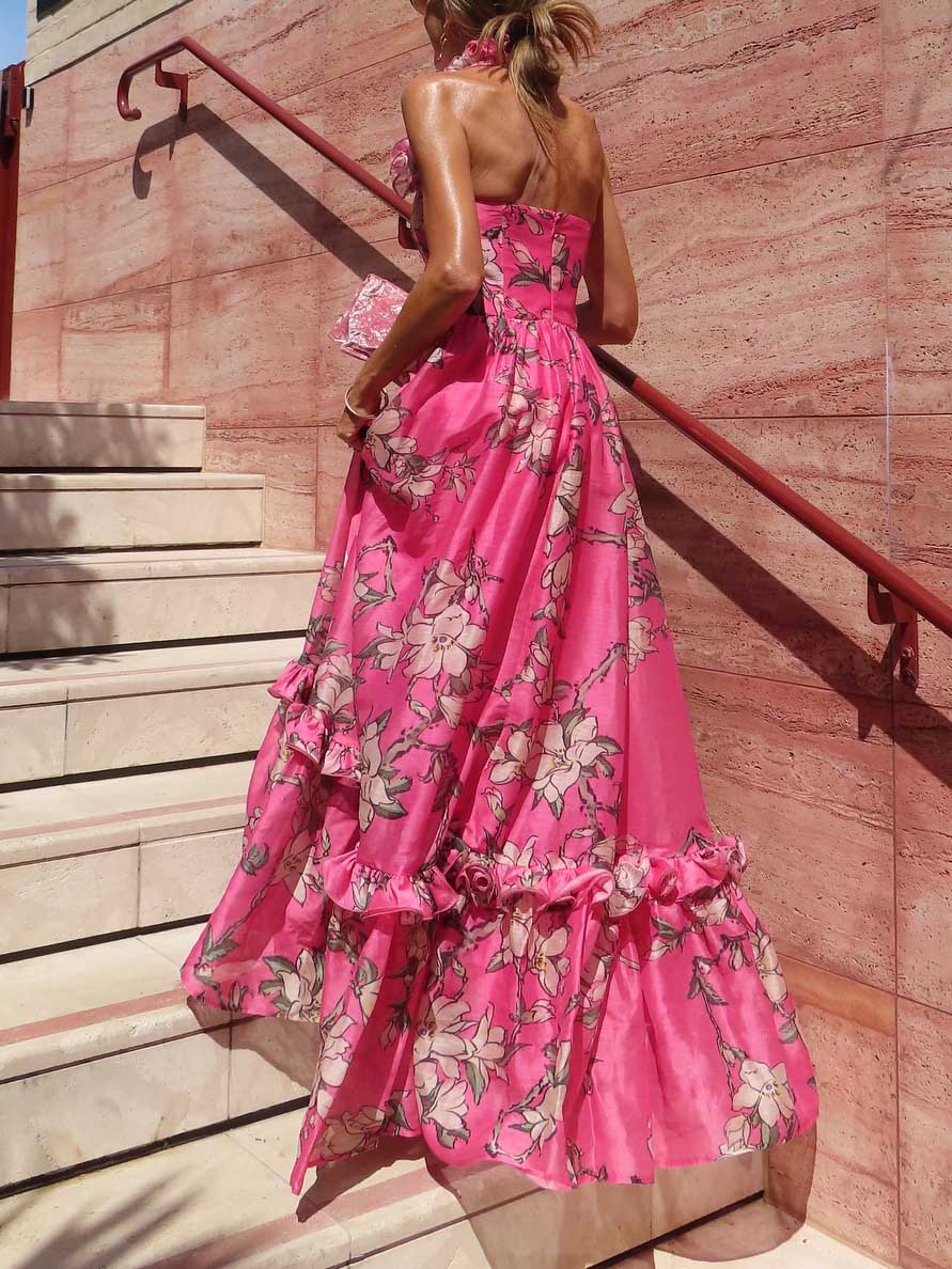 Exquise Bloemenprint Ruffled Halter Maxi Jurk
