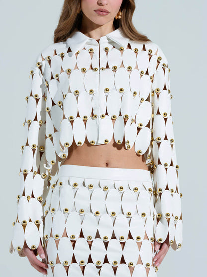 Exquise Cut-Out Studded PU Cropped Cardigan Top en Maxi Rok Set