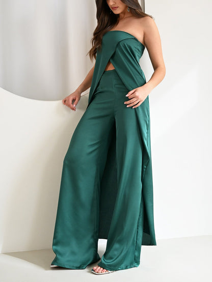 Elegante Strapless Satijnen Top & Broek Twee-delige Set