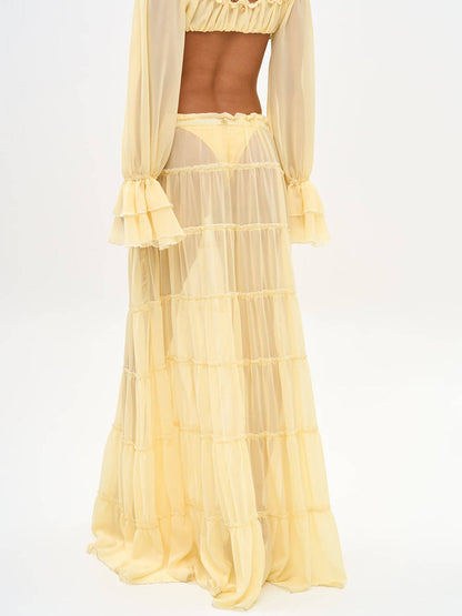 Mode Off Shoulder Lange Bell Sleeve Crop Top en Elastische Taille Laag Overhemd Maxi Rok Set
