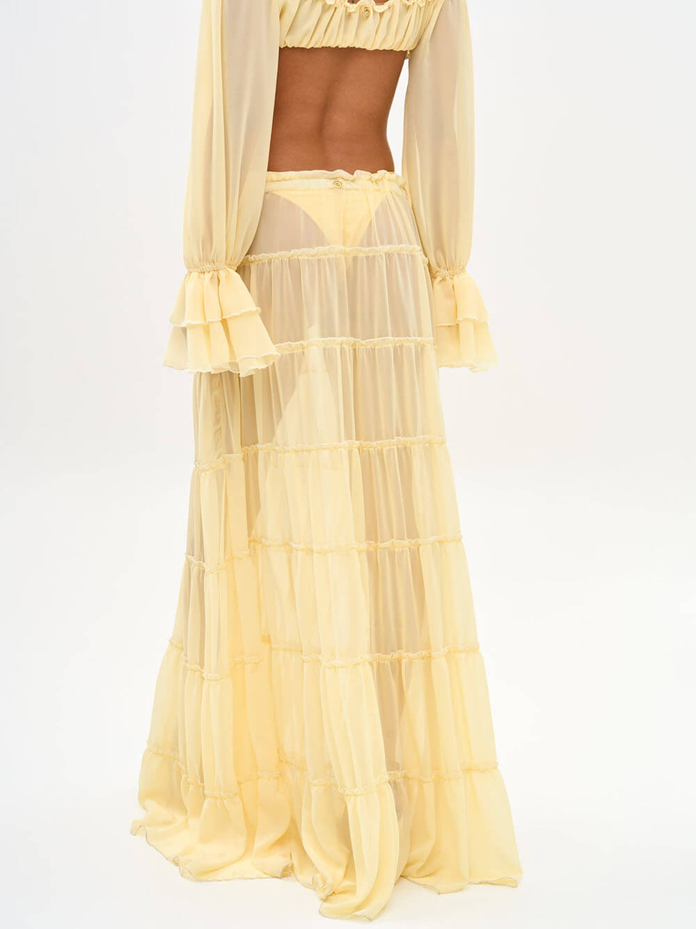Mode Off Shoulder Lange Bel Mouw Crop Top en Elastische Taille Gelaagde Cover-up Maxi Rok Set