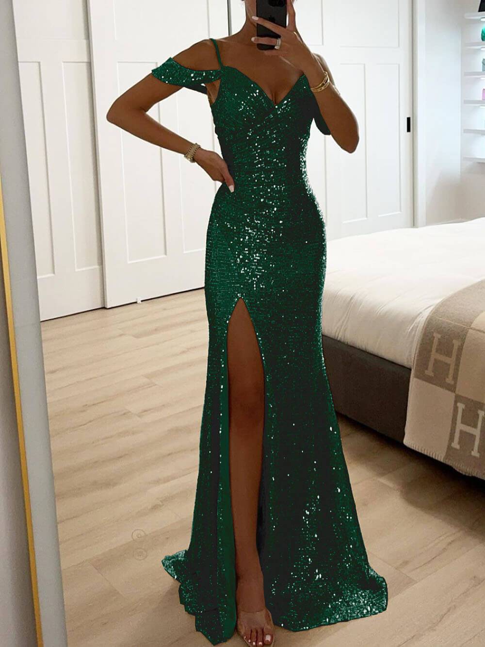 Elegante V-hals Pailletten Jurk met Split en Mouwen Maxi Dress