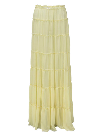 Mode Off Shoulder Lange Bel Mouw Crop Top en Elastische Taille Gelaagde Cover-up Maxi Rok Set