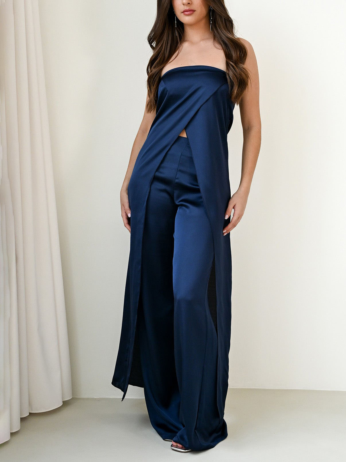 Elegante Strapless Satijnen Top & Broek Twee-delige Set