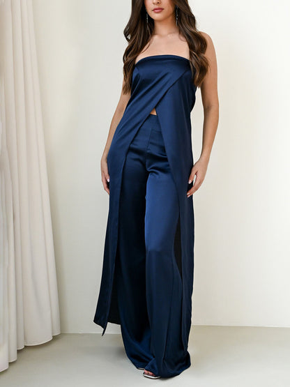 Elegante Strapless Satijnen Top & Broek Twee-delige Set
