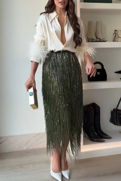 Exquise Blouse met Veerafwerking en Pailletten Franje Rok Set