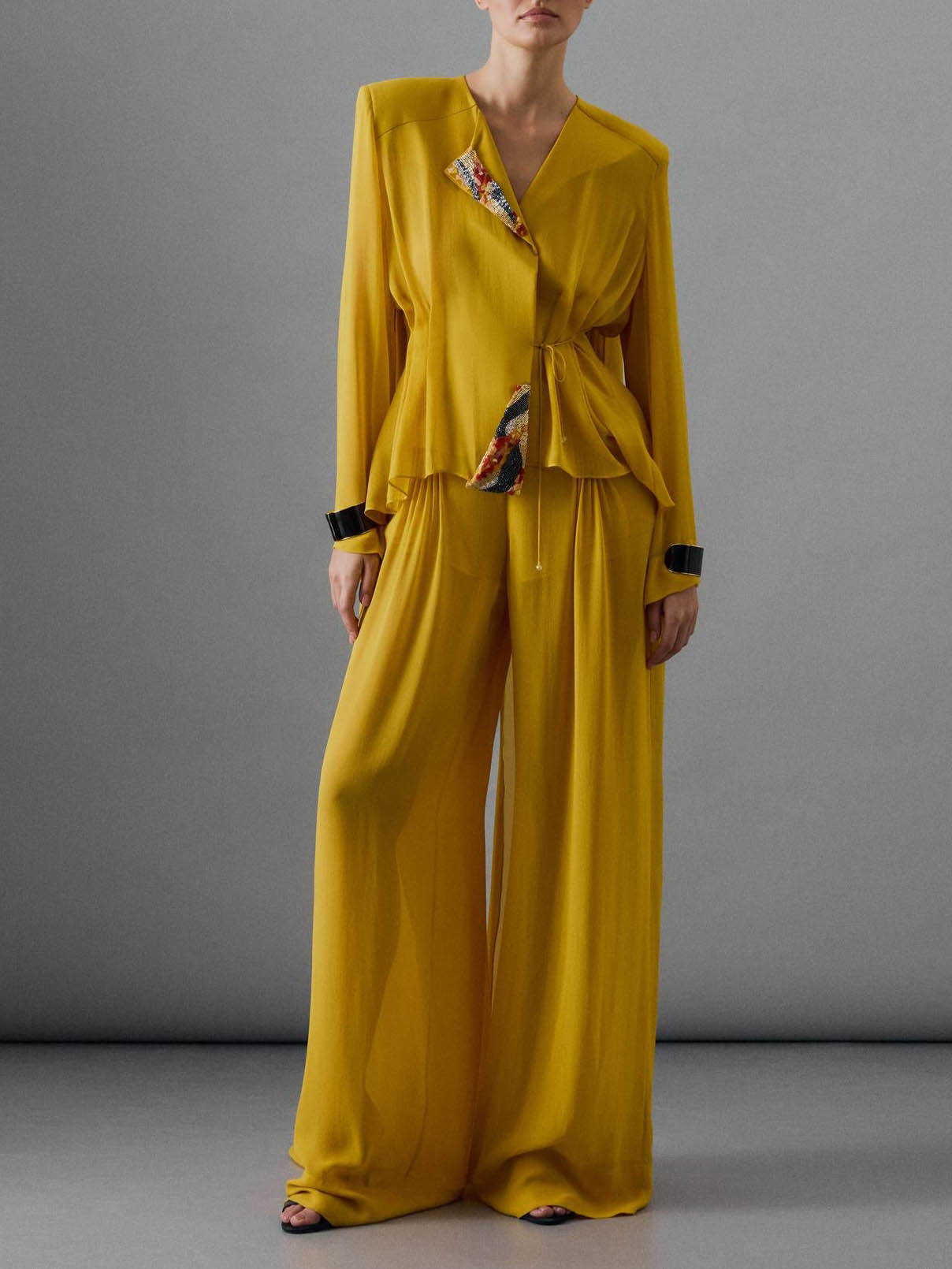 Elegante Gelaagde Chiffon Shirt & Wijde Pantalon Twee-Piece Set