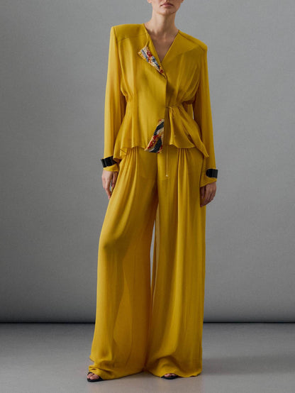 Elegante Gelaagde Chiffon Shirt & Wijde Pantalon Twee-Piece Set