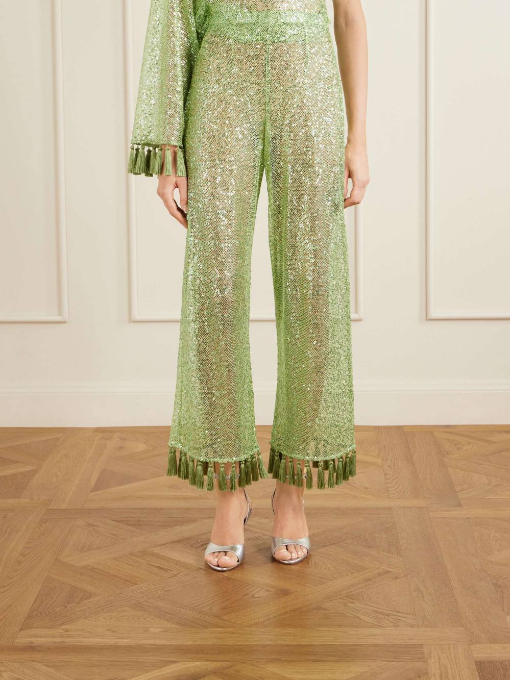 Elegante Eén-Schouder Pailletten Franje Top & Flared Broek Twee-Delige Set