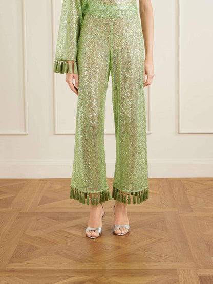 Elegante Eén-Schouder Pailletten Franje Top & Flared Broek Twee-Delige Set