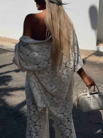 Klassieke Vakantie Haakbloemen Kant Korte Mouw Shirt en Elastische Taille Wijde Pantalon Set