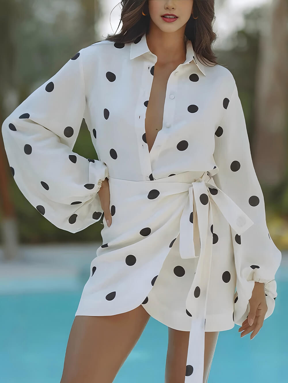 Casual Effortlessly Polka Dot Prints Ballon Mouw Blouse en Wrap Tie-up Losse Mini Rok Set