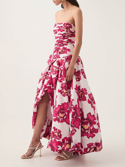 Elegant Perfect Moment Bloem Off-Shoulder Gerimpelde Bodice Drapé Bubble Hem Maxi Jurk