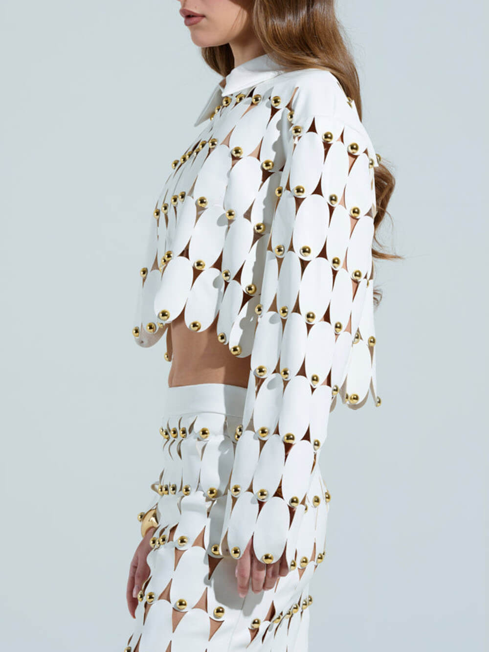 Exquise Cut-Out Studded PU Cropped Cardigan Top en Maxi Rok Set