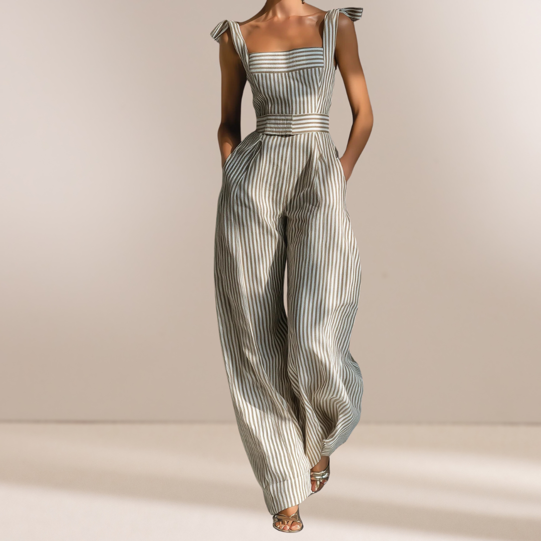 Mona | Beige Gestreepte Linnenmix Tie-Schouder Wijde Jumpsuit