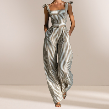 Mona | Beige Gestreepte Linnenmix Tie-Schouder Wijde Jumpsuit