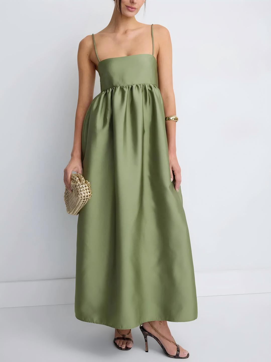Minimalistische Olijfgroene Babydoll Maxi Jurk
