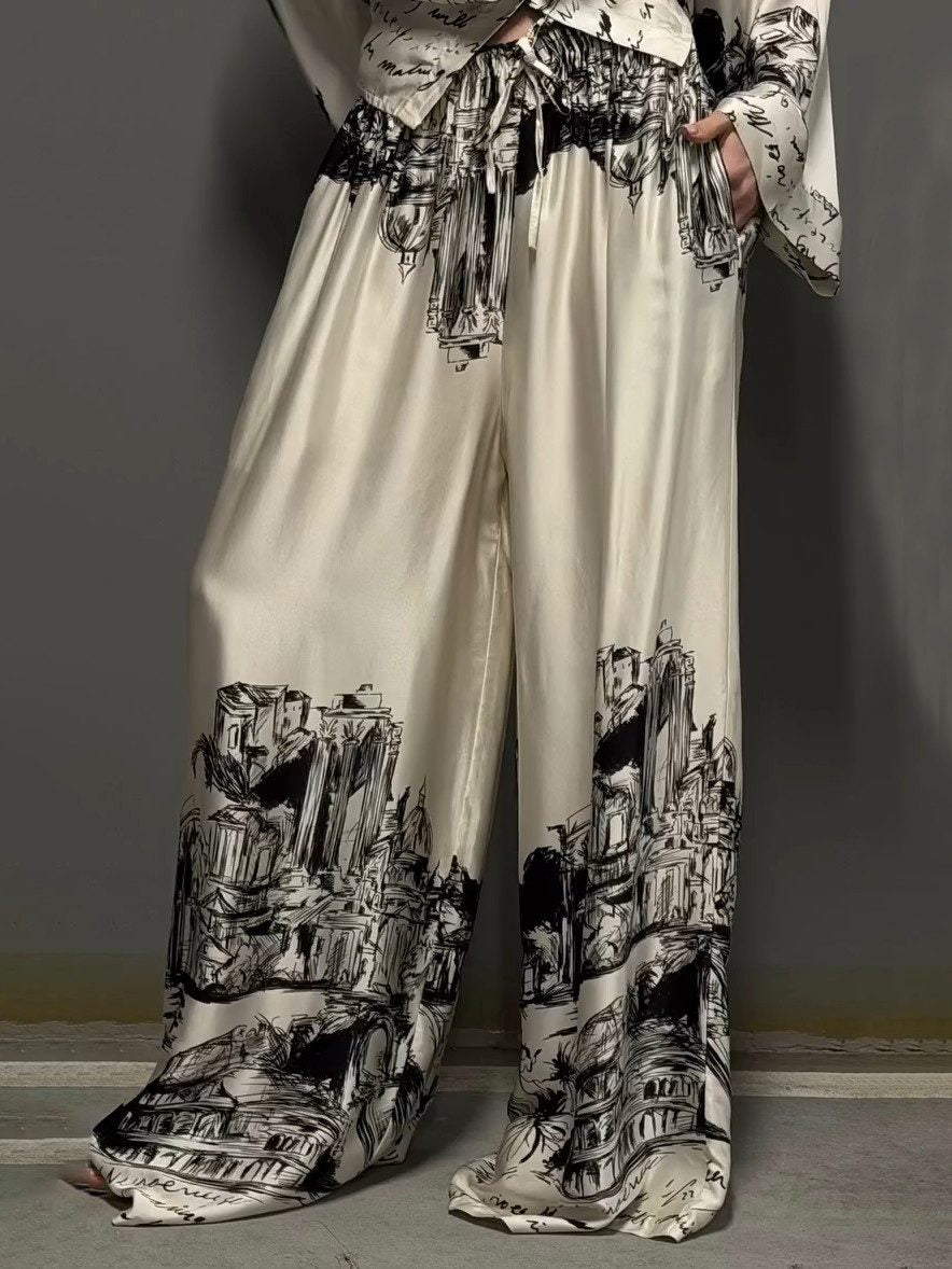 Architecturale Print Satijnen Shirt En Broek Twee-Delige Set