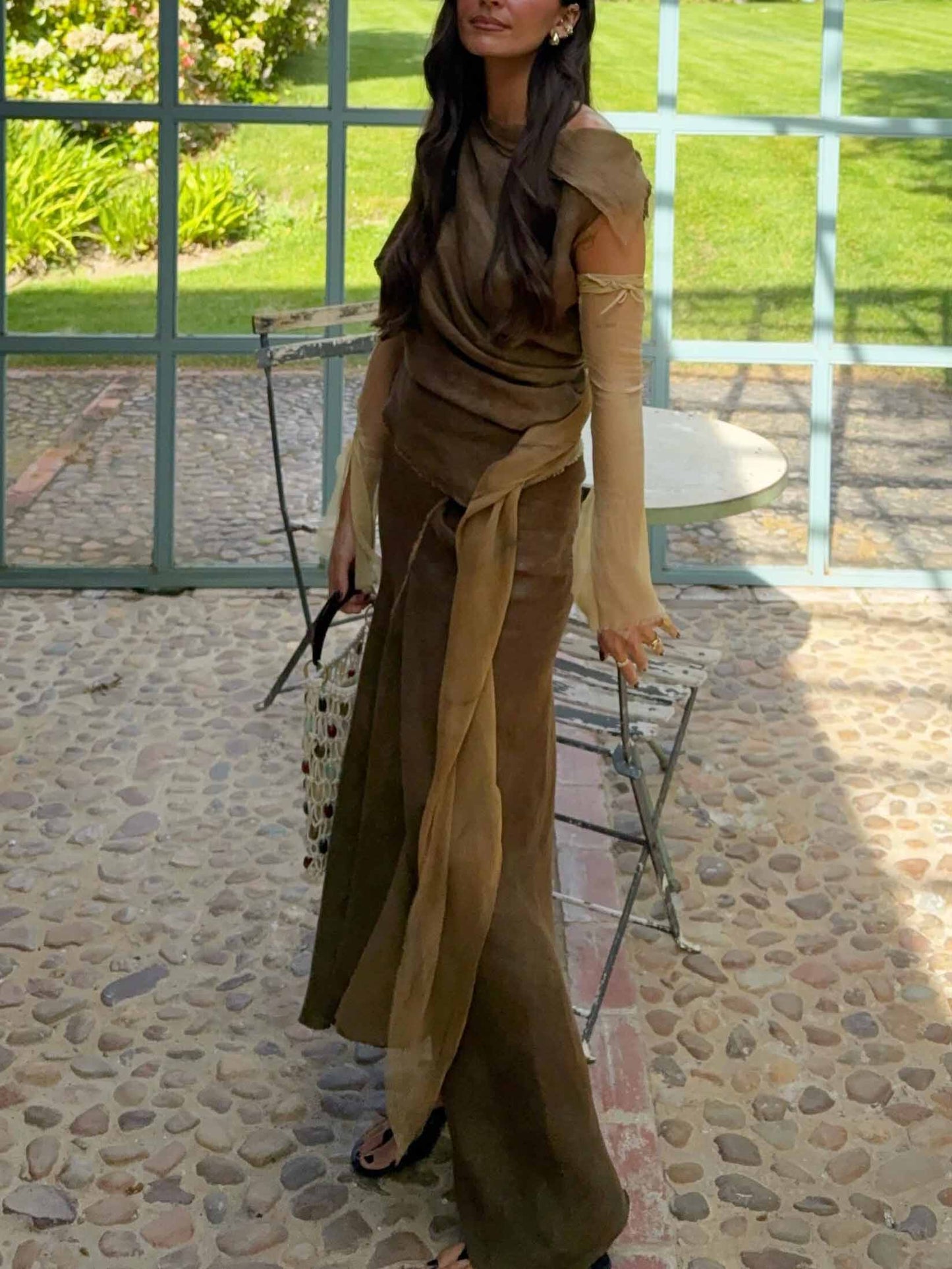Elegante Draped Off-Shoulder Top & Rok Twee-Piece Set