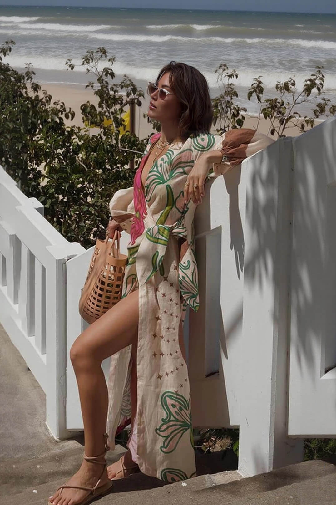 Elegante Linnenmix Unieke Print Ballonmouw Strik Tuniek Maxi Jurk