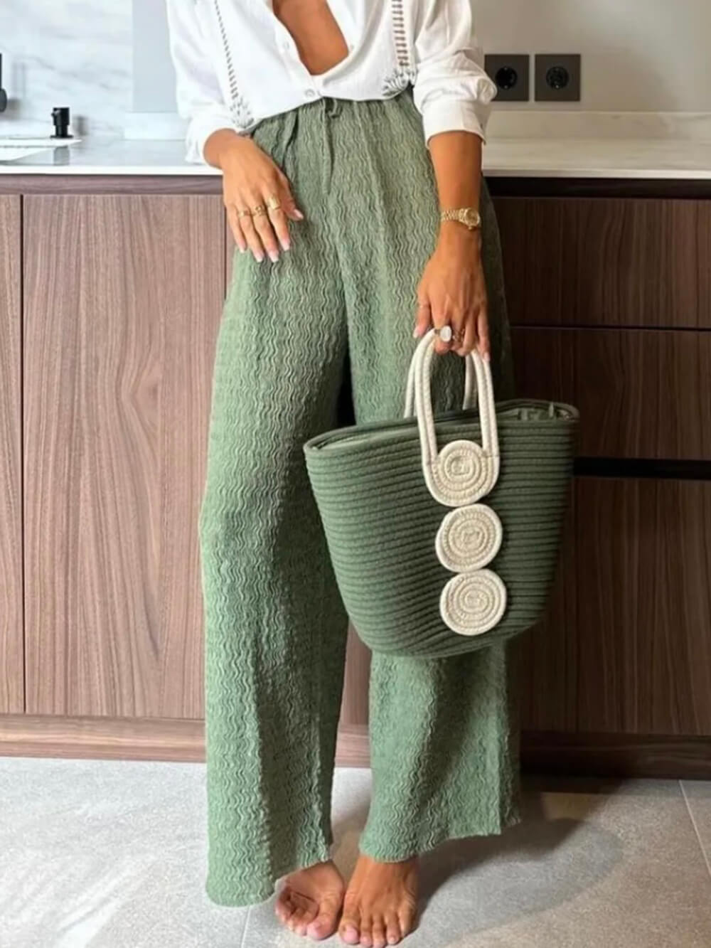 Zomer Tropische Stijl Unieke Plissé Elastische Taille Pocket Rechte Pantalon