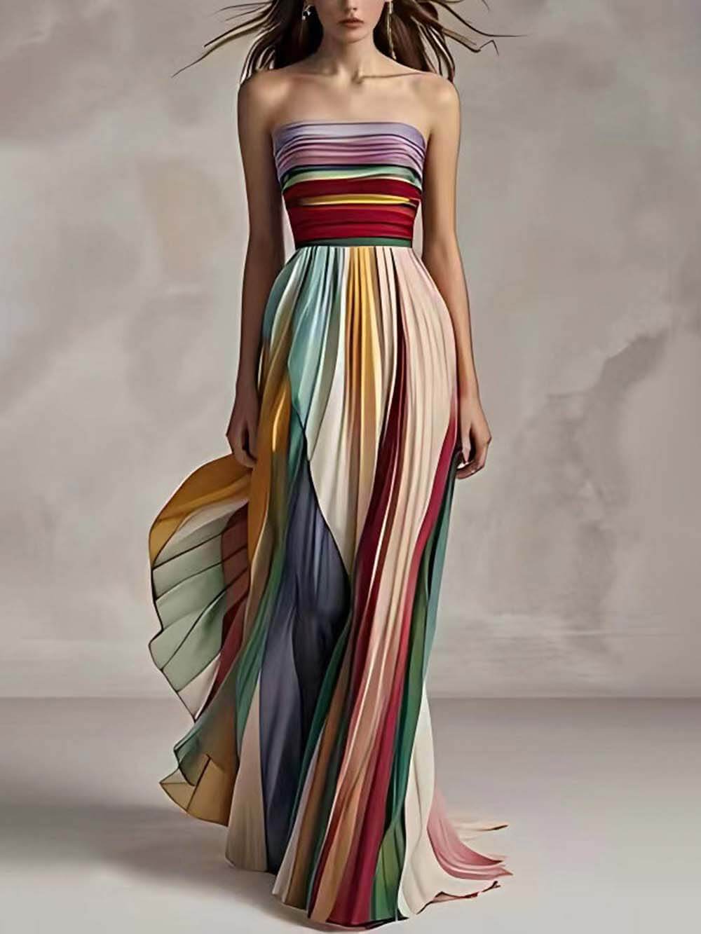 Elegante Gestreepte Gedrukte Off-shoulder Geplooide Bandeau Maxi Jurk