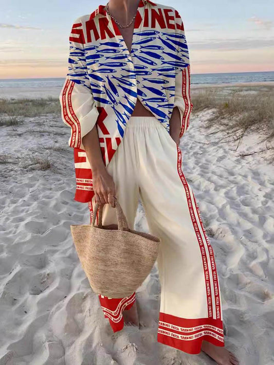 Unieke Casual Print Losse Oversized Shirt en Brede Pantalon Set
