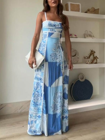 Unieke Kant Patchwork Gedrukte Achter Tie Halter Flare Maxi Jurken