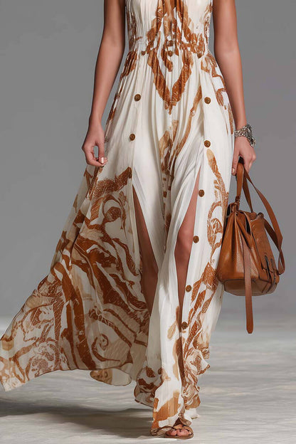 Retro Bohemian Stijl Rugloze Gedrukte Chiffon Split Maxi Jurk