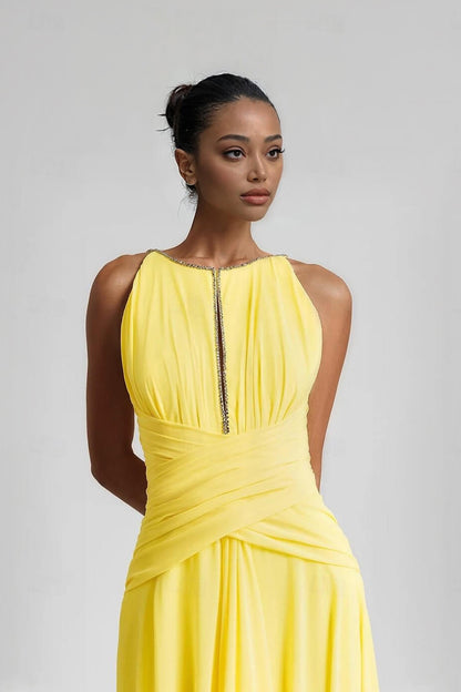 Elegante Rimpel Chiffon A-Lijn Maxi Jurk met Strass