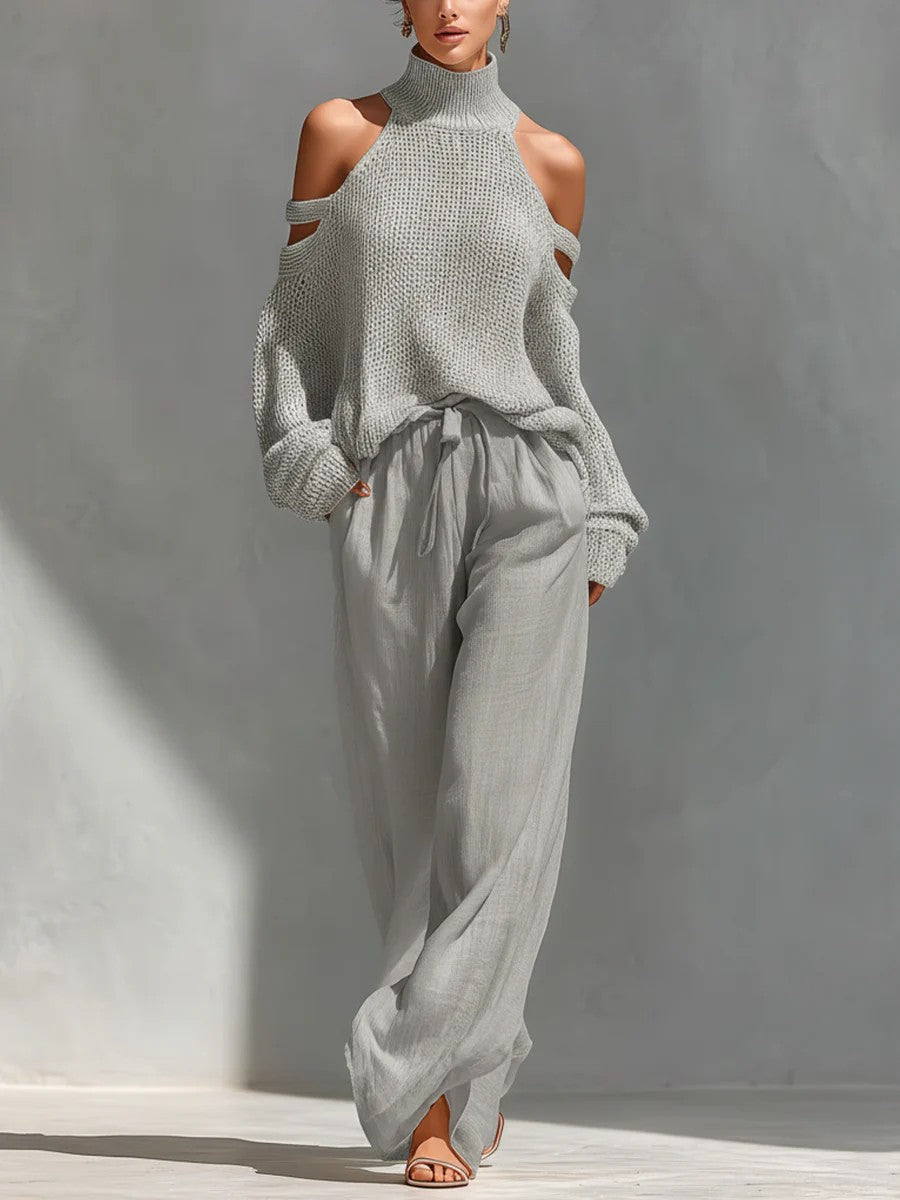 Casual Top met Open Schouders en Brede Pijpen Twee-delige Set