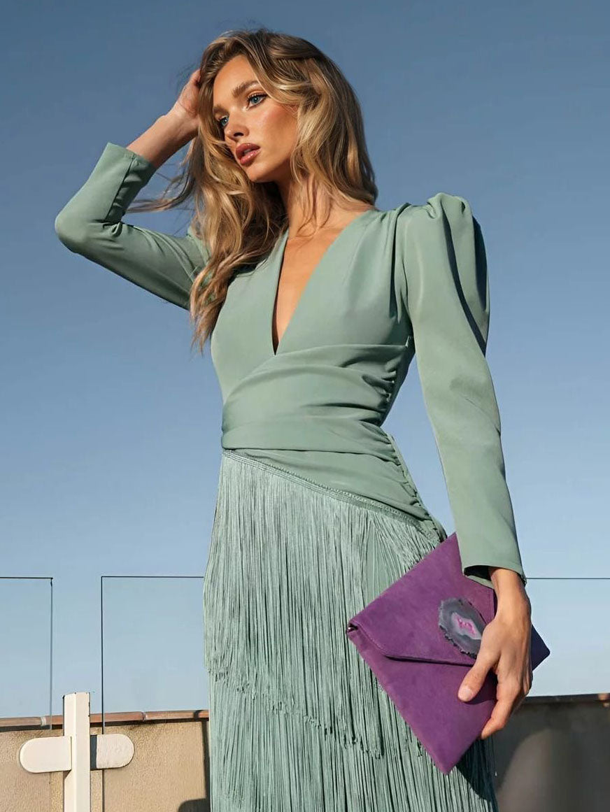 Elegante Tassel V-Hals Lange Mouw Maxi Jurk