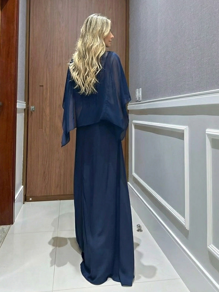 Elegante Chiffon Cape Top & Brede Pantalon Twee-Delige Set