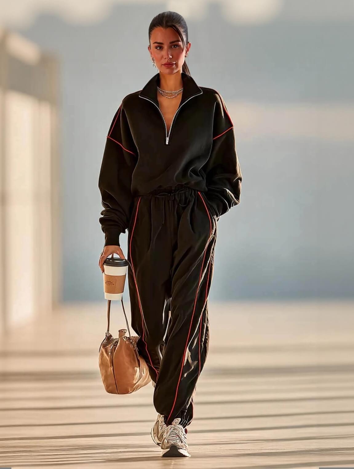 Minimalistische Rood Afgebiesde Rits Kraag Lange Mouw Sweatshirt en Joggingbroek Set