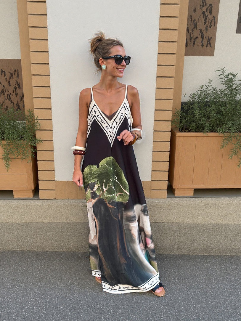 Unieke Inkt Bloemenprint Draagbare Maxi Jurk
